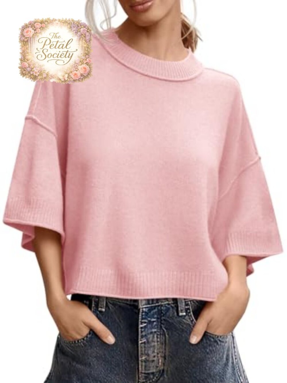 Women's Short Sleeve Cropped Knit Sweater Oversized Pullover Top